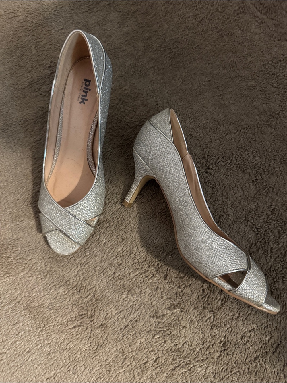 PINK Victoria's Secret Silver Glitter Peep-Toe Heels